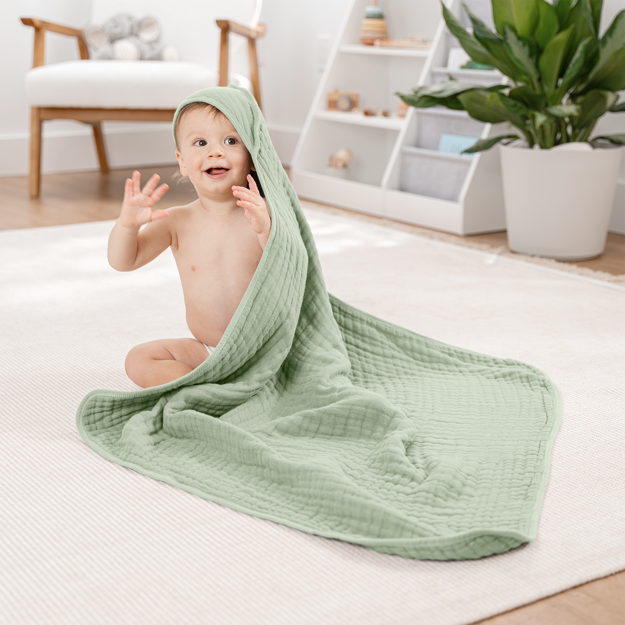 Muslin 6 Layer Hooded Towel - Sage