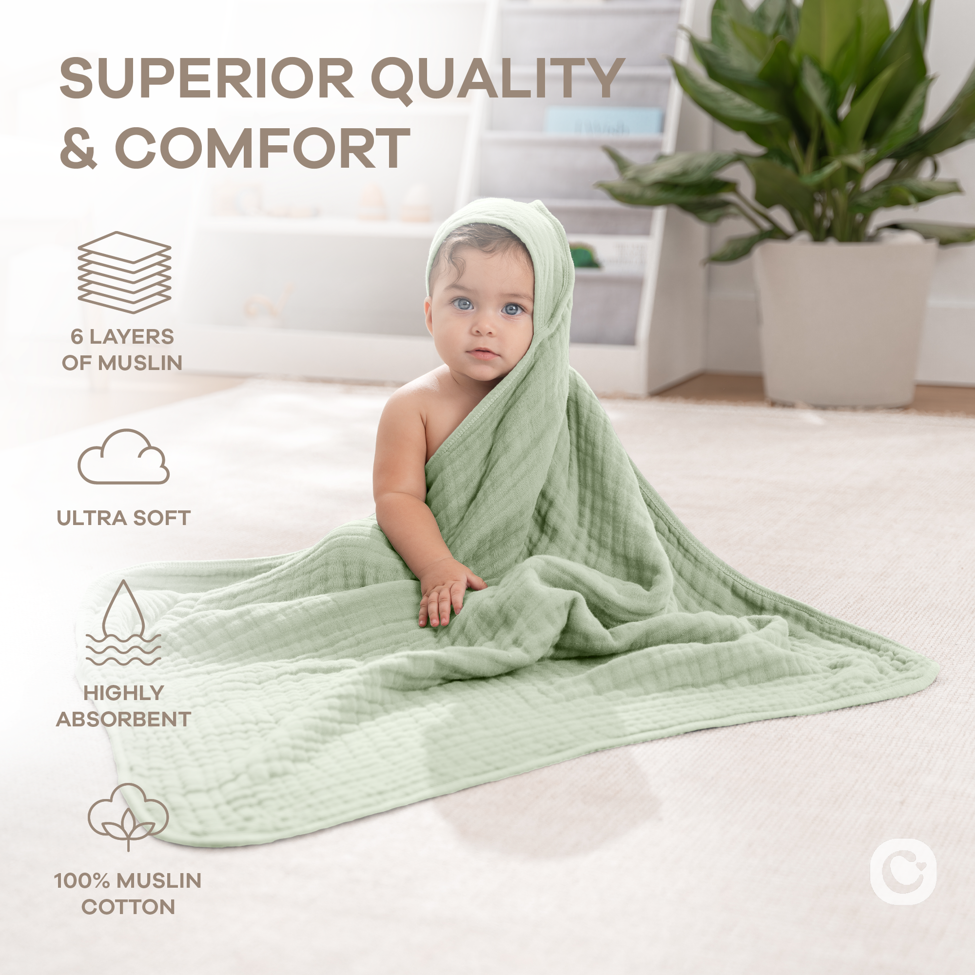 Muslin 6 Layer Hooded Towel - Sage