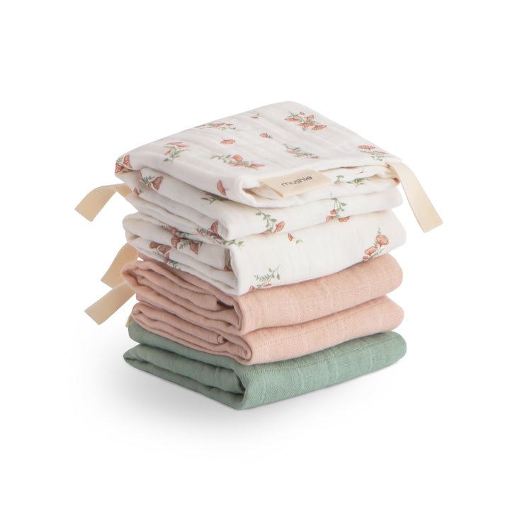 Mushie Organic Cotton Muslin Washcloth 5-Pack / Pink Flowers
