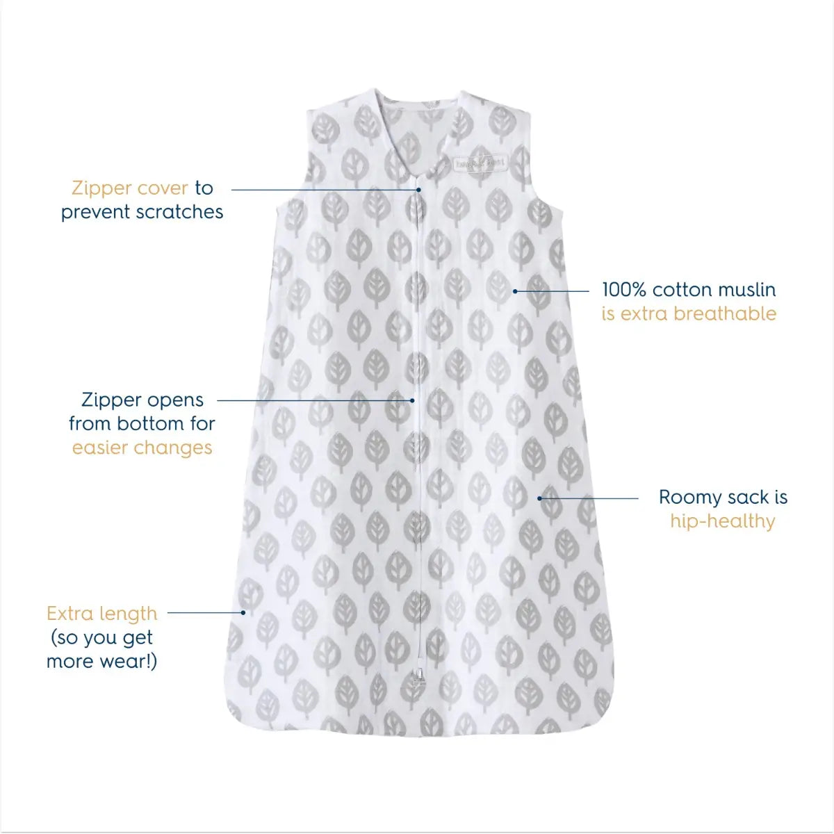 HALO Grey Tree Leaf Muslin Sleepsack Wearable Blanket